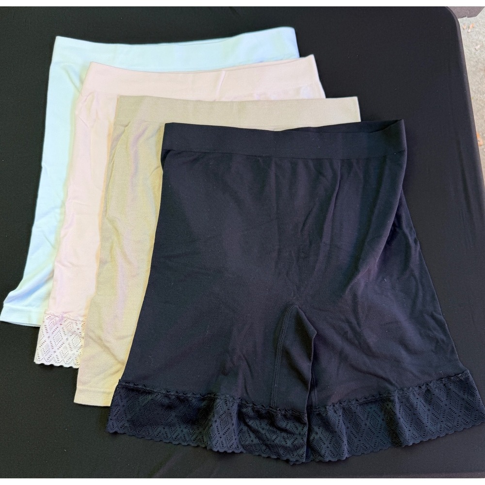Breezies 4Pk Lace Trim Anti-Chafe Slip Shorts M Black Tan Pink Blue A630841 NEW
